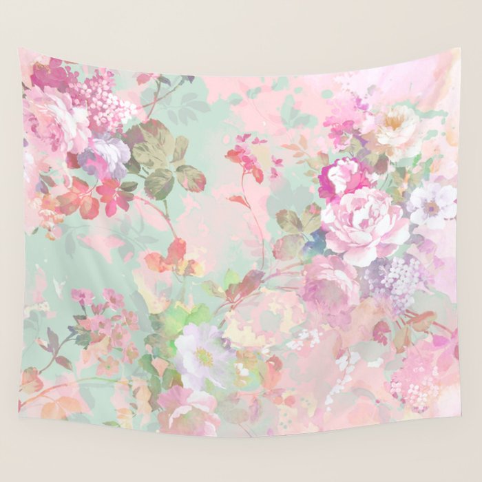 Vintage botanical blush pink mint green floral pattern Wall Tapestry Gallery Image 1