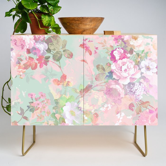 Vintage botanical blush pink mint green floral pattern Credenza Gallery Image 1