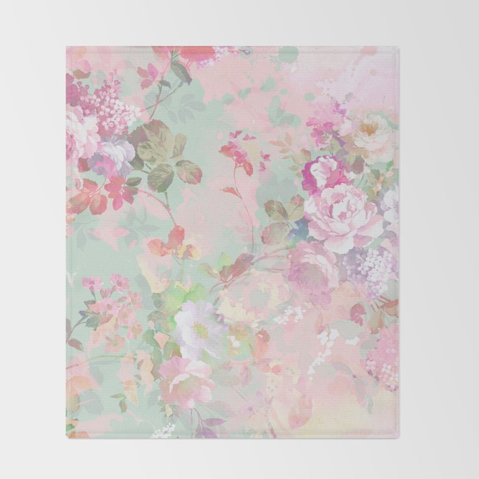 Vintage botanical blush pink mint green floral pattern Throw Blanket Gallery Image 2