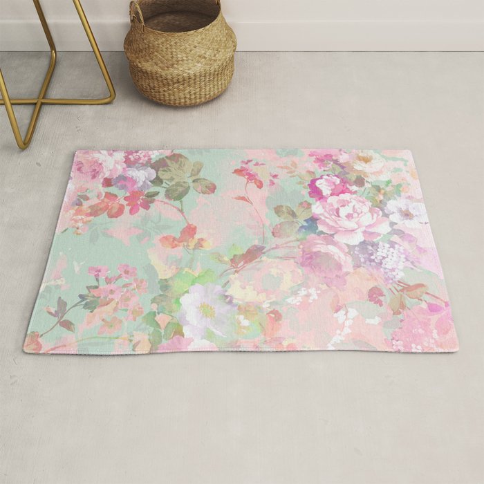 Vintage botanical blush pink mint green floral pattern Rug Gallery Image 1