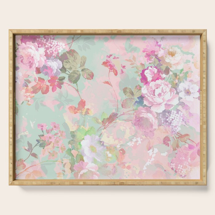 Vintage botanical blush pink mint green floral pattern Serving Tray Gallery Image 1