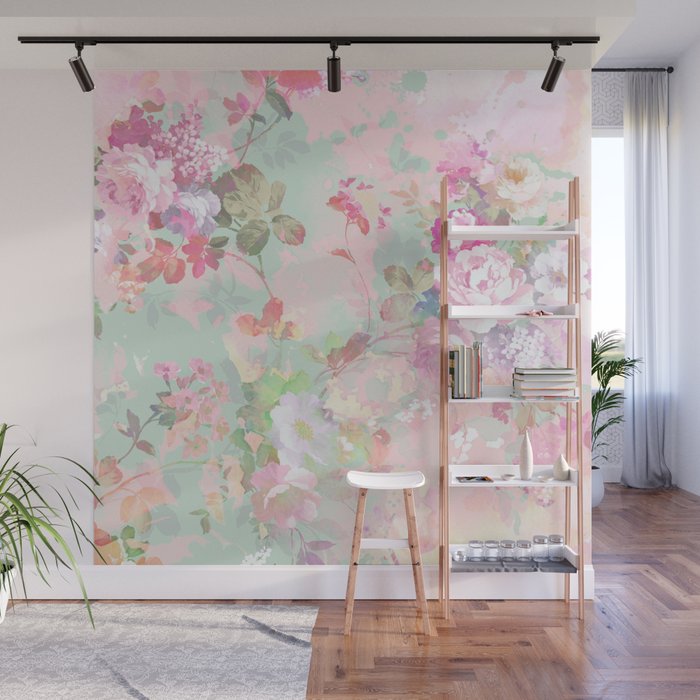 Vintage botanical blush pink mint green floral pattern Wall Mural Gallery Image 1