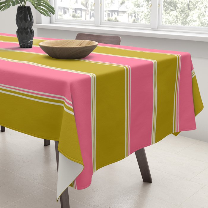 Bold Lined Stripes Vertical Pattern in Pink Chartreuse Cream Tablecloth Gallery Image 3