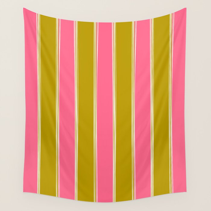 Bold Lined Stripes Vertical Pattern in Pink Chartreuse Cream Wall Tapestry Gallery Image 1