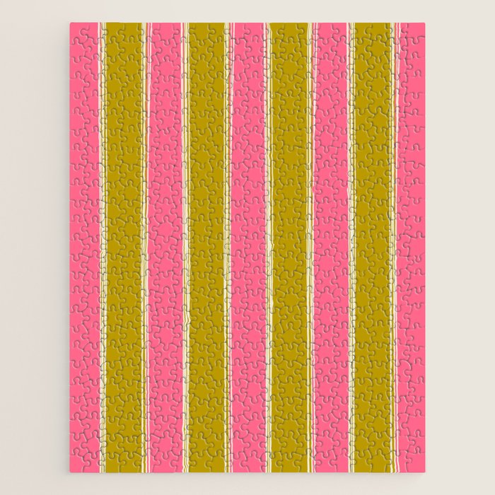 Bold Lined Stripes Vertical Pattern in Pink Chartreuse Cream Jigsaw Puzzle Gallery Image 1