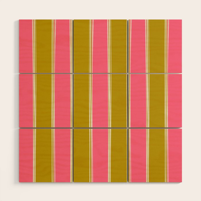 Bold Lined Stripes Vertical Pattern in Pink Chartreuse Cream Wood Wall Art Gallery Image 1