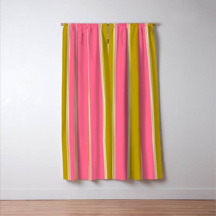 Bold Lined Stripes Vertical Pattern in Pink Chartreuse Cream Window Curtain Gallery Image 3
