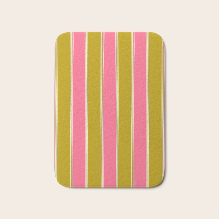 Bold Lined Stripes Vertical Pattern in Pink Chartreuse Cream Bath Mat Gallery Image 1