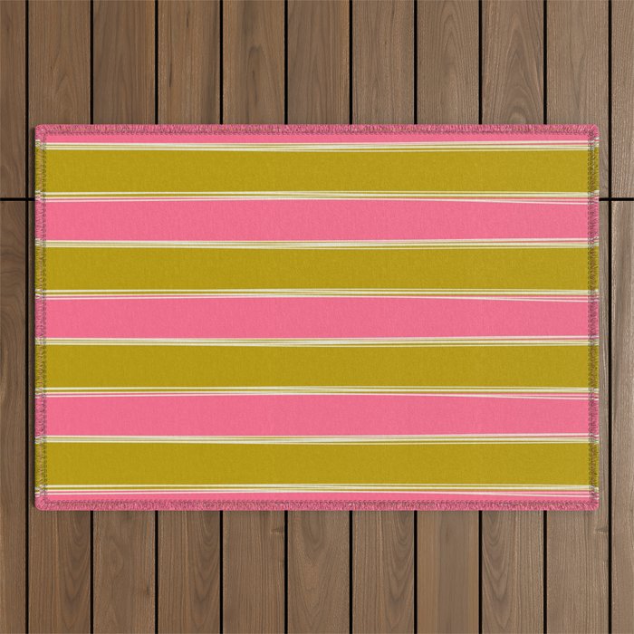 Bold Lined Stripes Vertical Pattern in Pink Chartreuse Cream Outdoor Rug Gallery Image 1