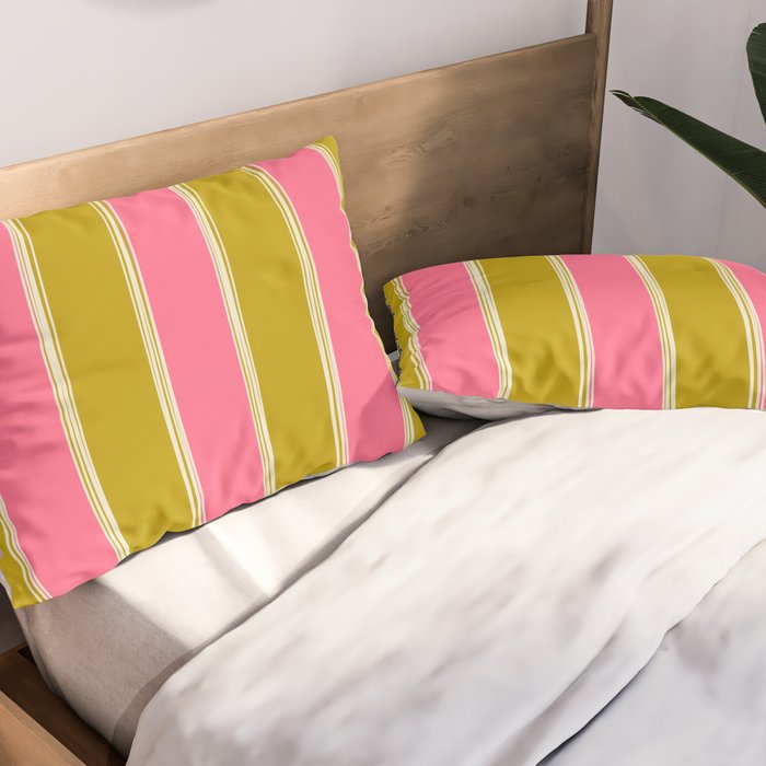 Bold Lined Stripes Vertical Pattern in Pink Chartreuse Cream Pillow Sham Gallery Image 2