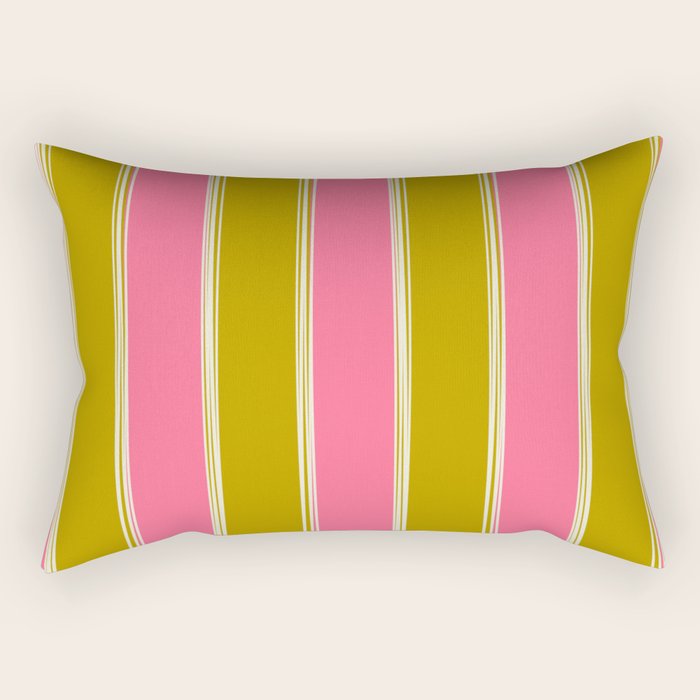 Bold Lined Stripes Vertical Pattern in Pink Chartreuse Cream Rectangular Pillow Gallery Image 2