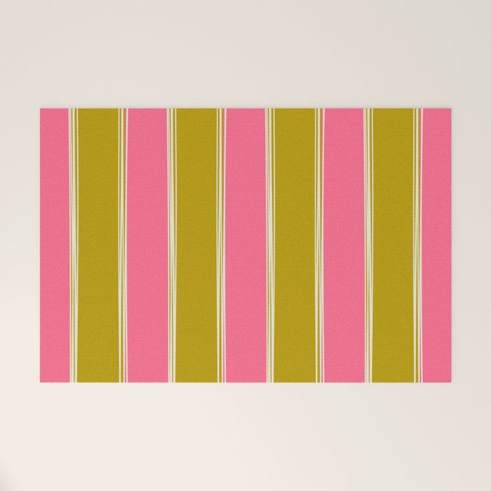 Bold Lined Stripes Vertical Pattern in Pink Chartreuse Cream Welcome Mat Gallery Image 1