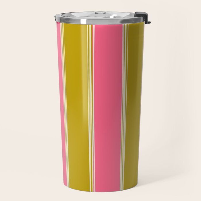 Bold Lined Stripes Vertical Pattern in Pink Chartreuse Cream Travel Mug Gallery Image 2