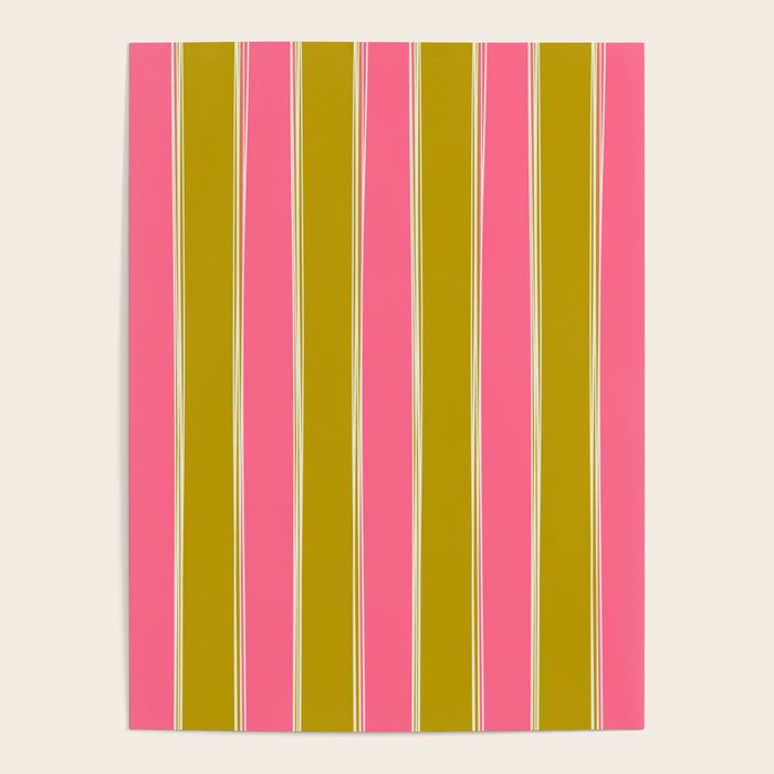 Bold Lined Stripes Vertical Pattern in Pink Chartreuse Cream Poster Gallery Image 1