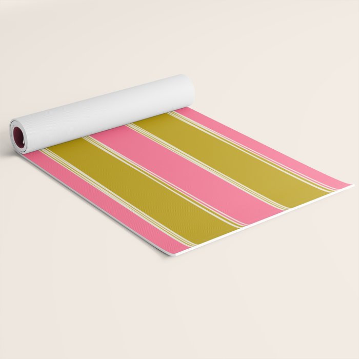 Bold Lined Stripes Vertical Pattern in Pink Chartreuse Cream Yoga Mat Gallery Image 2