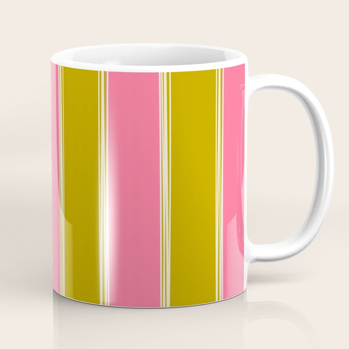 Bold Lined Stripes Vertical Pattern in Pink Chartreuse Cream Coffee Mug Gallery Image 1