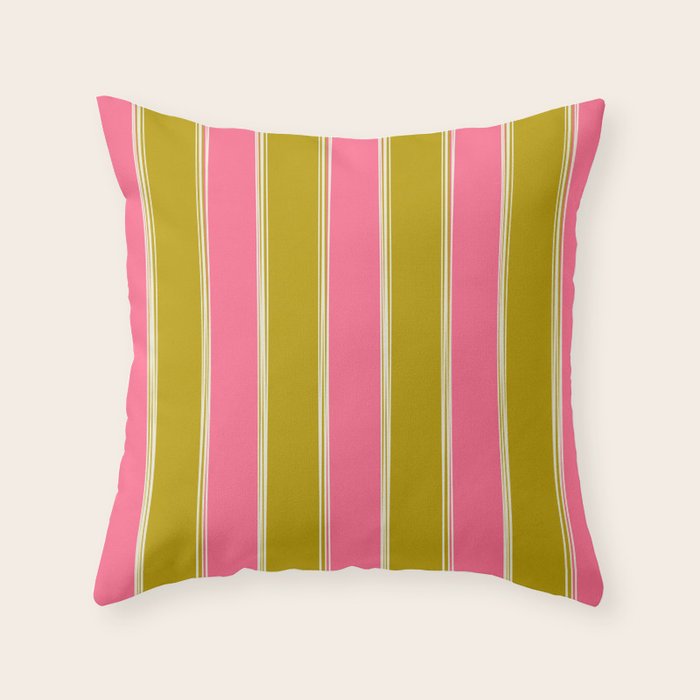 Bold Lined Stripes Vertical Pattern in Pink Chartreuse Cream Throw Pillow Gallery Image 1
