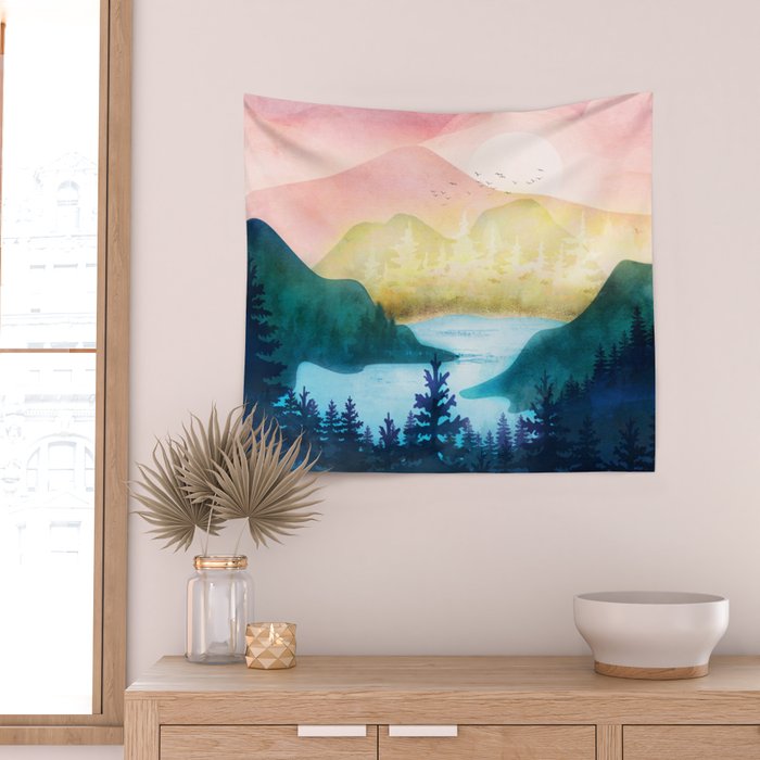 Lake beneath the towering hills Wall Tapestry Gallery Image 2