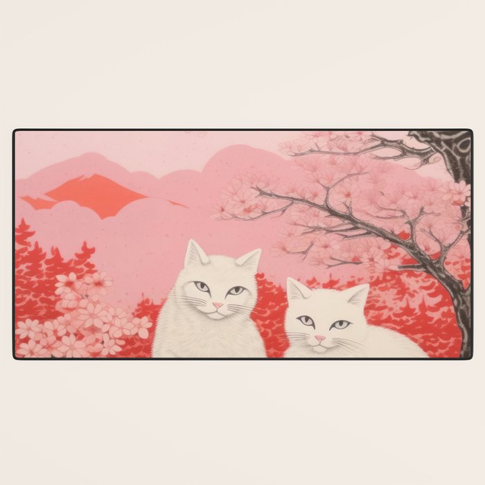 Springtime Japanese Cherry Blossom Twin Cats  Desk Mat Gallery Image 3