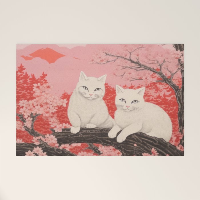 Springtime Japanese Cherry Blossom Twin Cats  Welcome Mat Gallery Image 1