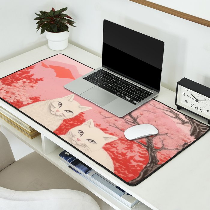 Springtime Japanese Cherry Blossom Twin Cats  Desk Mat Gallery Image 2