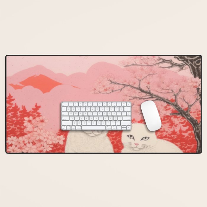 Springtime Japanese Cherry Blossom Twin Cats  Desk Mat Gallery Image 1