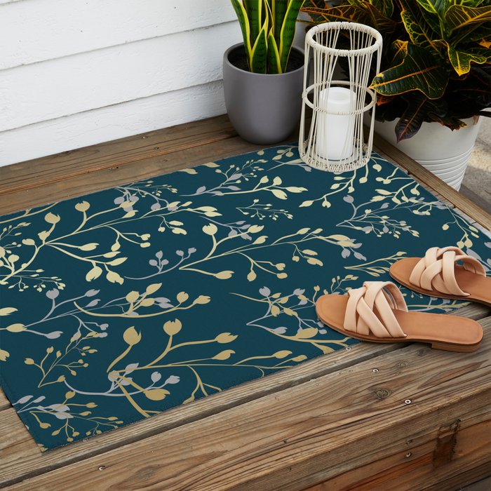 Leaves, Teal and Gold, Floral Artwork Print Outdoor Rug Gallery Image 2