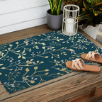 Leaves, Teal and Gold, Floral Artwork Print Outdoor Rug Gallery Image 2