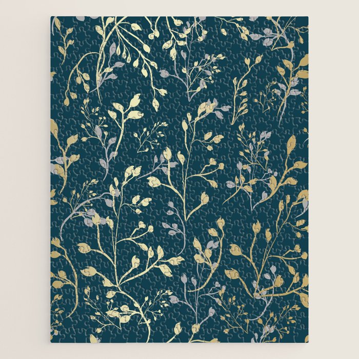 Leaves, Teal and Gold, Floral Artwork Print Jigsaw Puzzle Gallery Image 1