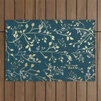 Leaves, Teal and Gold, Floral Artwork Print Outdoor Rug Gallery Image 1