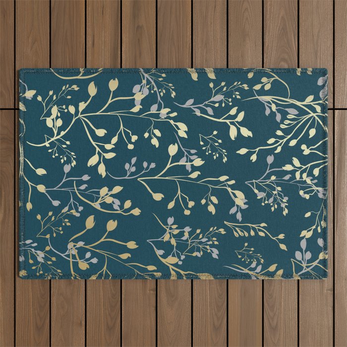 Leaves, Teal and Gold, Floral Artwork Print Outdoor Rug Gallery Image 1