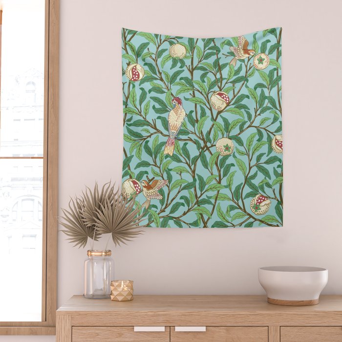 William Morris Enchanted Bird & Pomegranate Turquoise Green  Wall Tapestry Gallery Image 2
