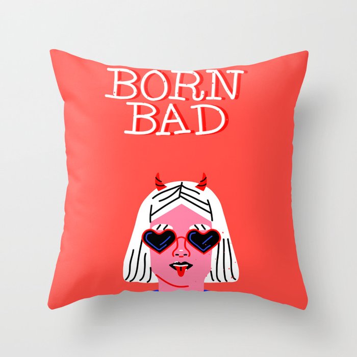 Born bad funny devil woman rocker girl print cartoon Throw Pillow Gallery Image 6