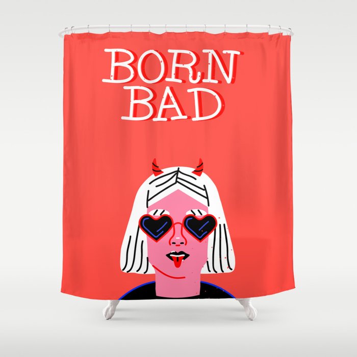 Born bad funny devil woman rocker girl print cartoon Shower Curtain Gallery Image 1
