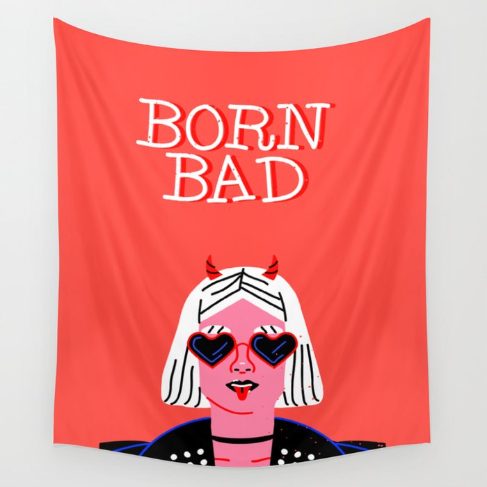 Born bad funny devil woman rocker girl print cartoon Wall Tapestry Gallery Image 1
