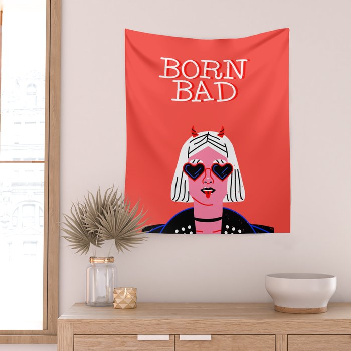 Born bad funny devil woman rocker girl print cartoon Wall Tapestry Gallery Image 2