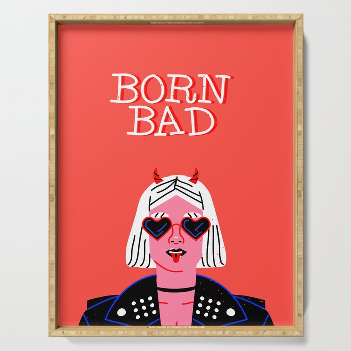 Born bad funny devil woman rocker girl print cartoon Serving Tray Gallery Image 1