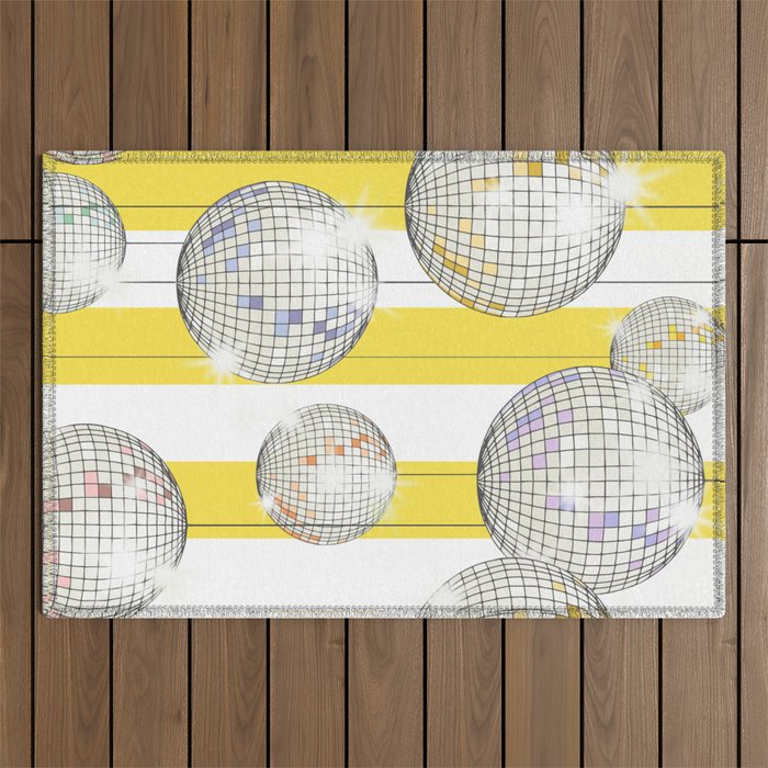 Striped Party Disco Ball Yellow Outdoor Rug Gallery Image 1