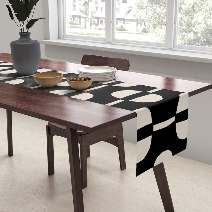 Mid Century Modern Geometric Pattern 157 Black and Linen White Table Runner Gallery Image 2
