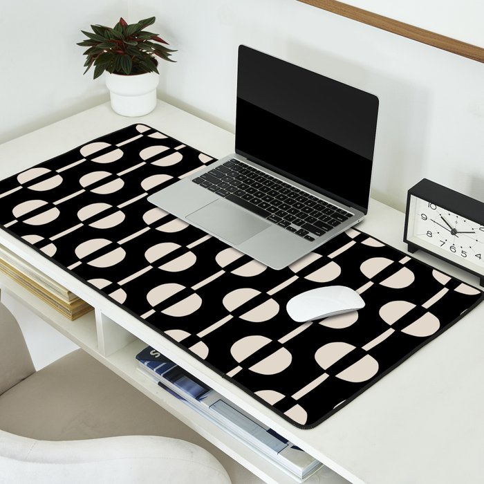 Mid Century Modern Geometric Pattern 157 Black and Linen White Desk Mat Gallery Image 2