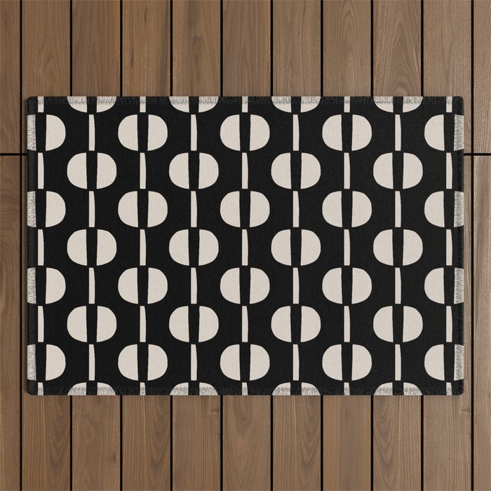Mid Century Modern Geometric Pattern 157 Black and Linen White Outdoor Rug Gallery Image 1