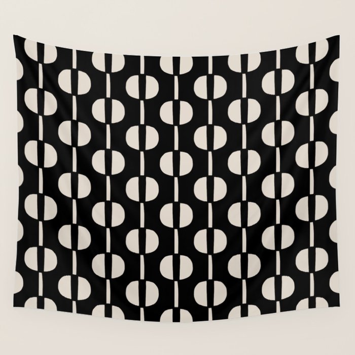 Mid Century Modern Geometric Pattern 157 Black and Linen White Wall Tapestry Gallery Image 1