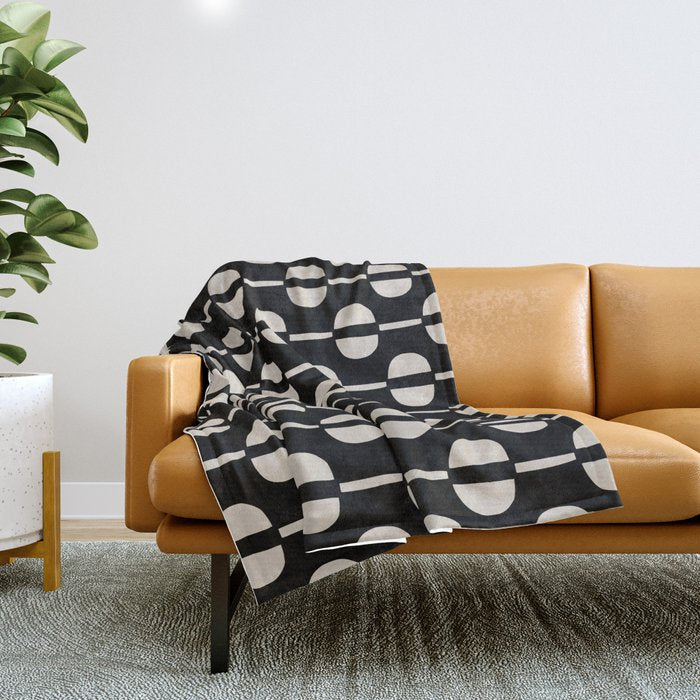Mid Century Modern Geometric Pattern 157 Black and Linen White Throw Blanket Gallery Image 1