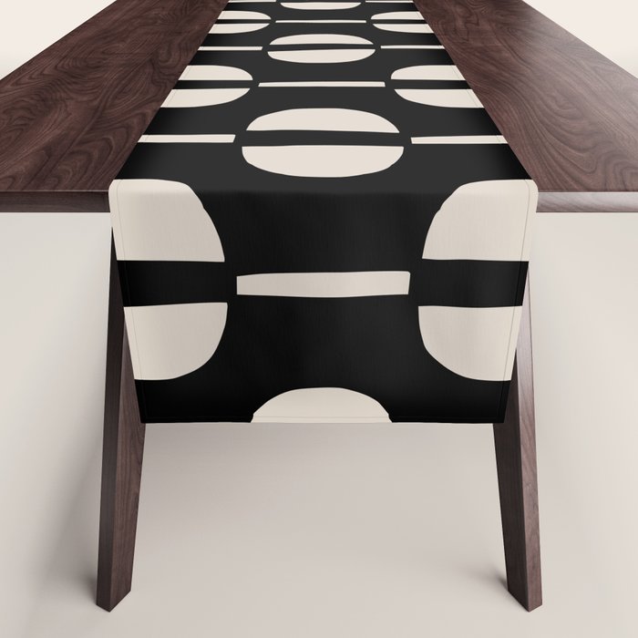 Mid Century Modern Geometric Pattern 157 Black and Linen White Table Runner Gallery Image 1