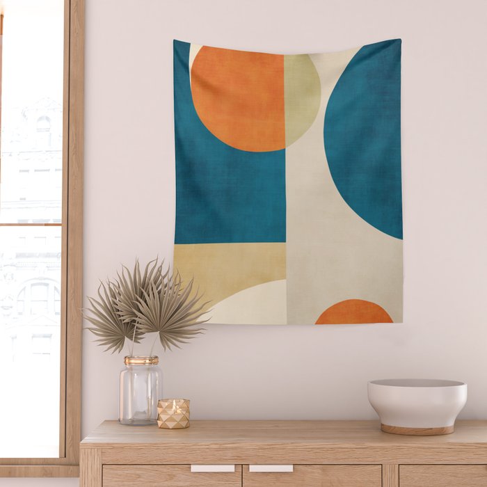Beige Orange Navy Abstract Modern Artwork Wall Tapestry Gallery Image 2