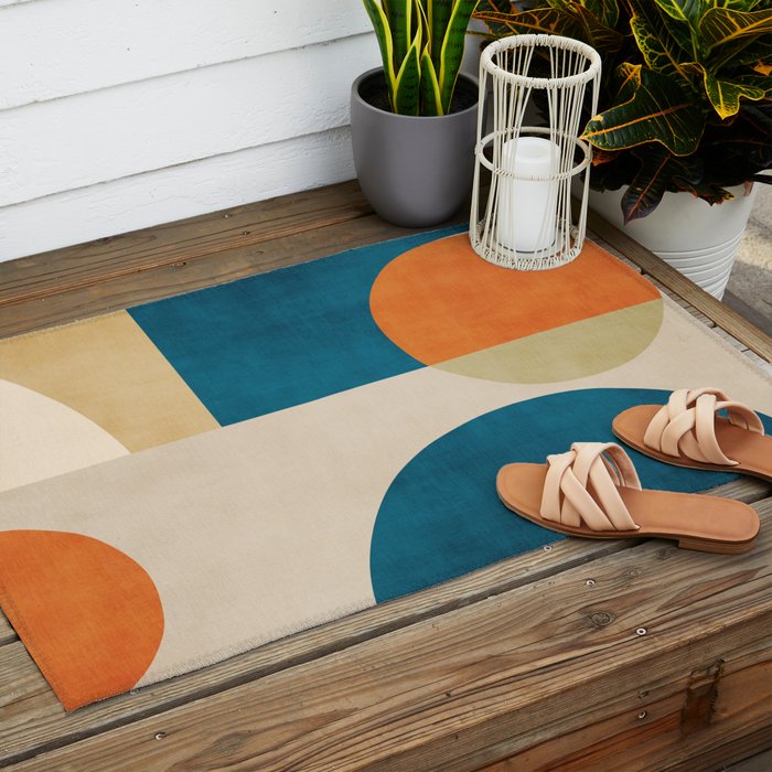 Beige Orange Navy Abstract Modern Artwork Outdoor Rug Gallery Image 2