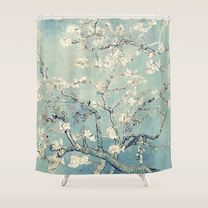 Van Gogh Almond Blossoms Muted Teal Cream Shower Curtain Gallery Image 1