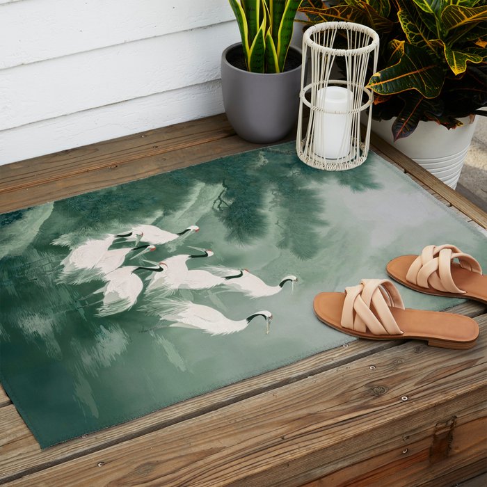 Japandi Wall Art chinoiserie Bird Poster Japanese wabi Sabi sage Green Forest maximalist Painting Outdoor Rug Gallery Image 2