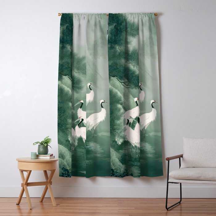 Japandi Wall Art chinoiserie Bird Poster Japanese wabi Sabi sage Green Forest maximalist Painting Window Curtain Gallery Image 5