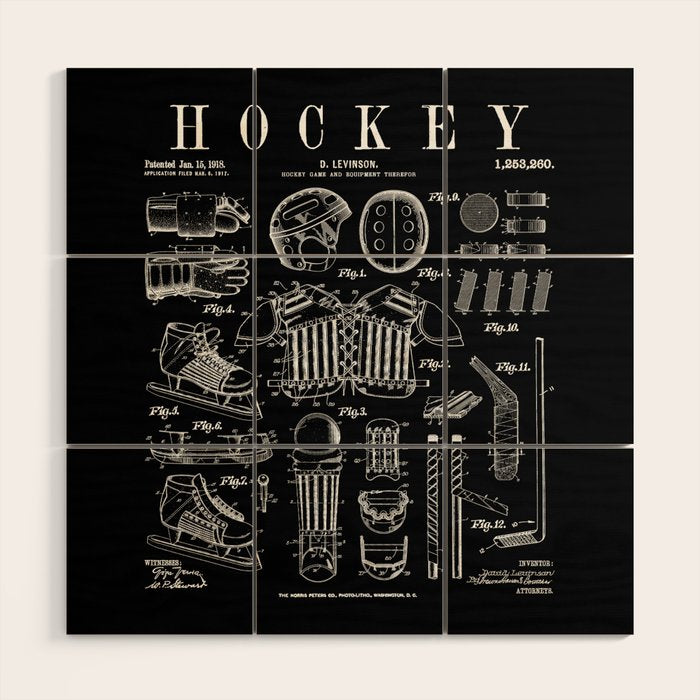 Ice Hockey Player Winter Sport Vintage Patent Print Wood Wall Art Gallery Image 1